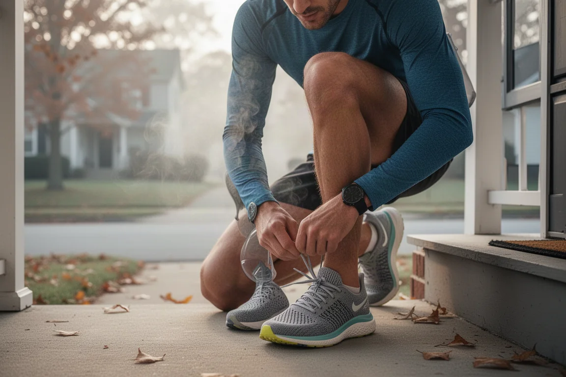 Un corredor se ata los cordones de un par de zapatillas de running con upper de punto antes de una carrera temprano por la mañana