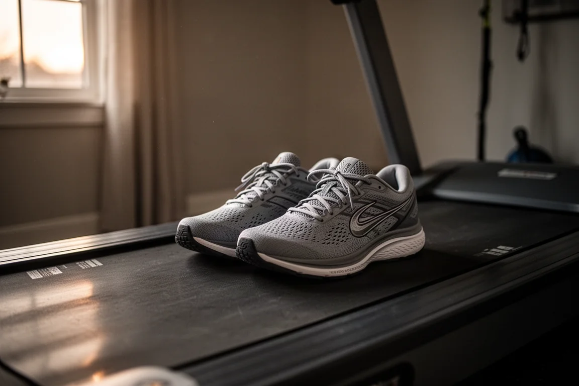Zapatillas de running sobre la banda de una cinta de correr en un gimnasio casero con poca luz