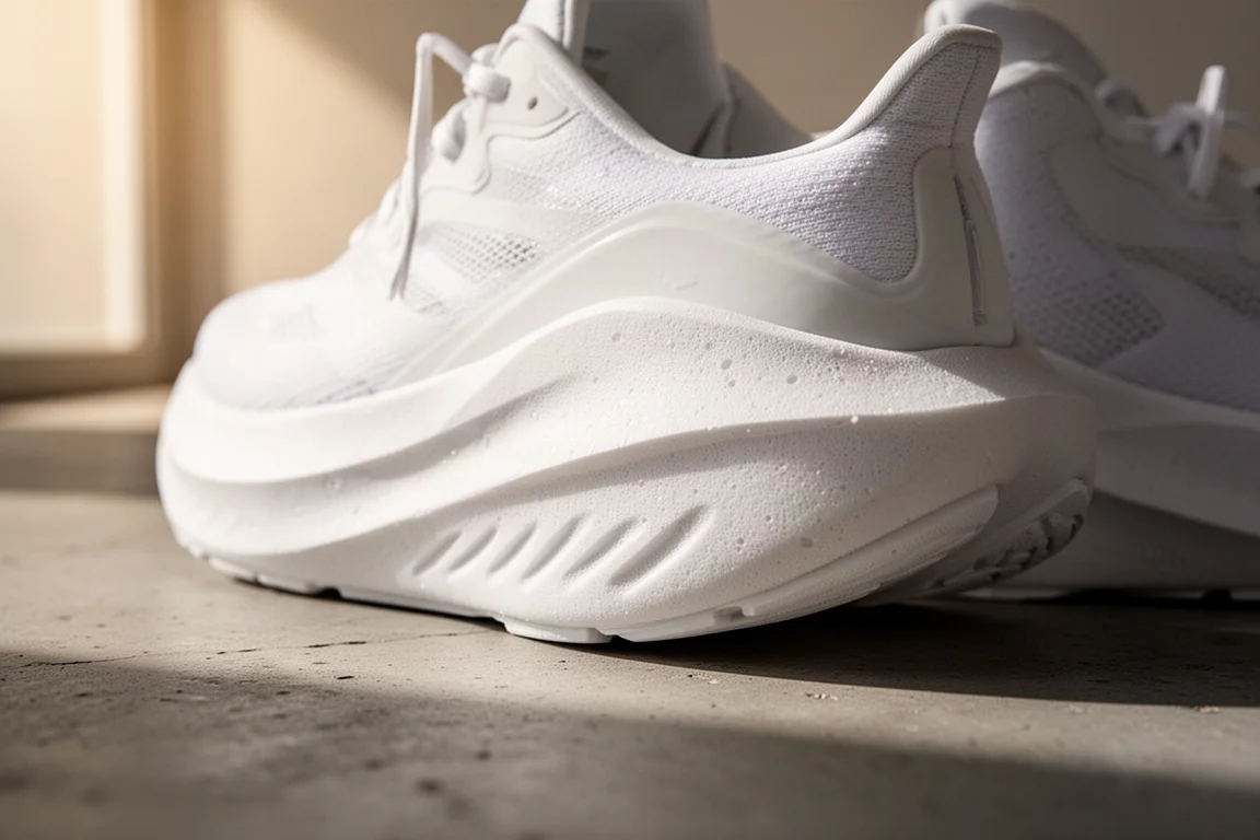 Close-up of a thick modern running shoe midsole on a neutral studio surface