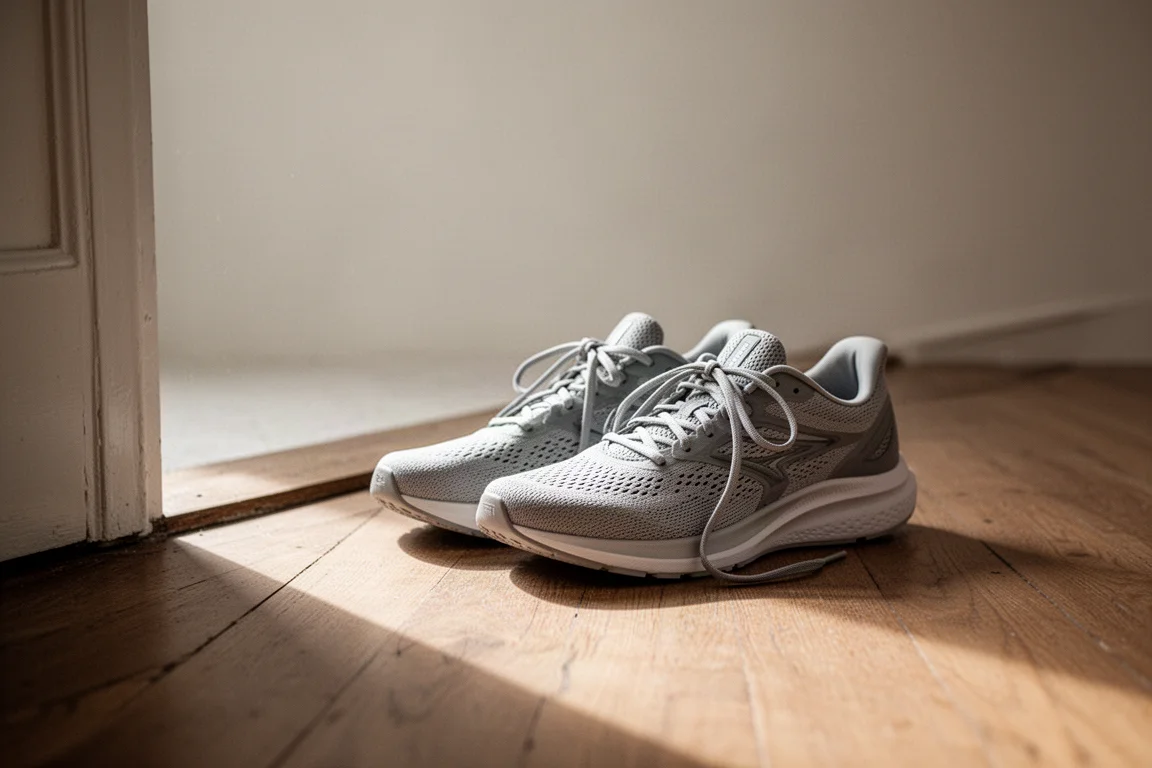 Runner lacing up lightweight running shoes by a door before a training run