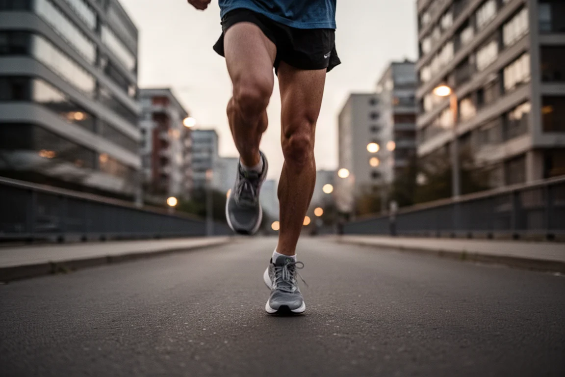 Runner moving at speed on an urban path at dusk