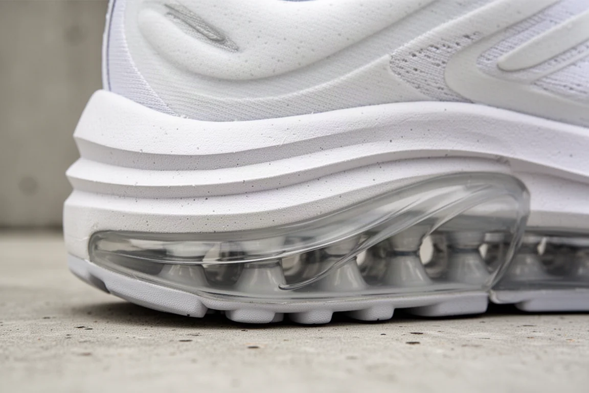 Primer plano de la mediasuela de una zapatilla de running en capas, mostrando las capas de espuma y una cápsula Air Zoom
