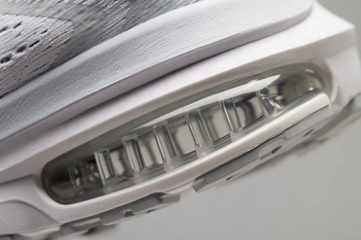 Gros plan sur une chambre d'air translucide pleine longueur dans la semelle intermédiaire d'une chaussure de running
