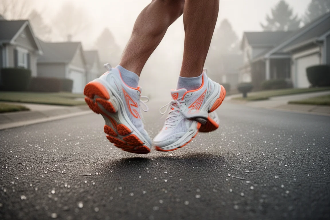 Pieds d'un coureur en pleine foulée sur une rue pavée calme dans une lumière douce de matin