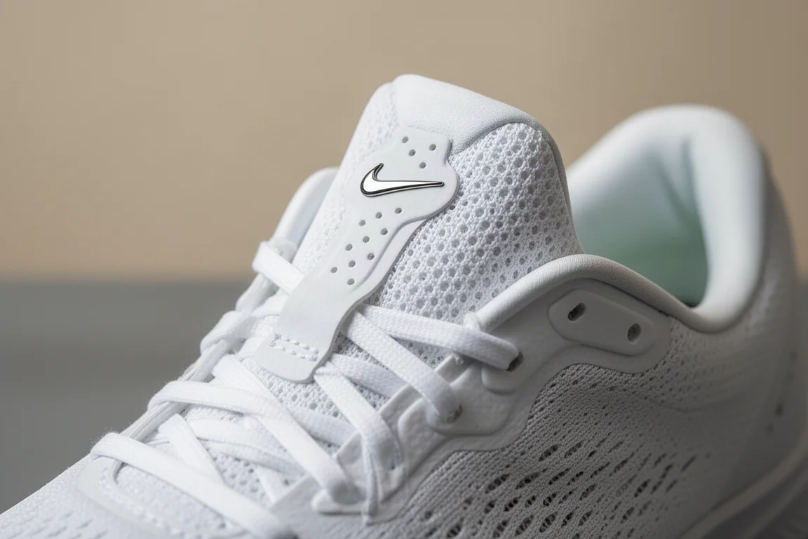 Détail de la tige d'une chaussure de running avec swoosh chromé sur la languette