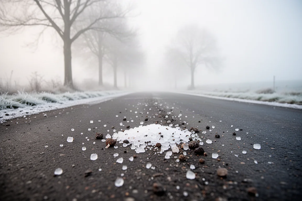 Route rurale calme avec résidus de sel et gravier hivernal sur l'asphalte