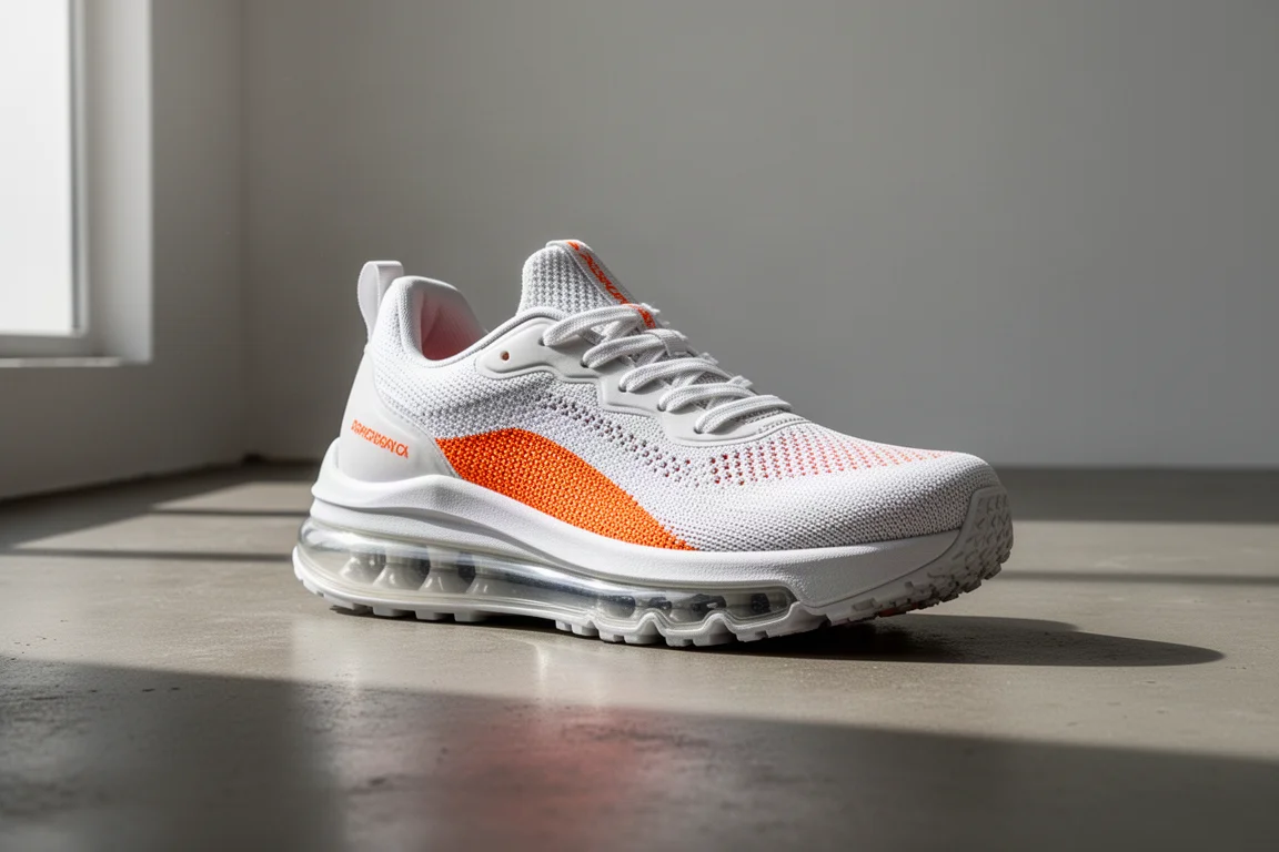 White and orange max-cushion running shoe with full-length visible air unit on concrete