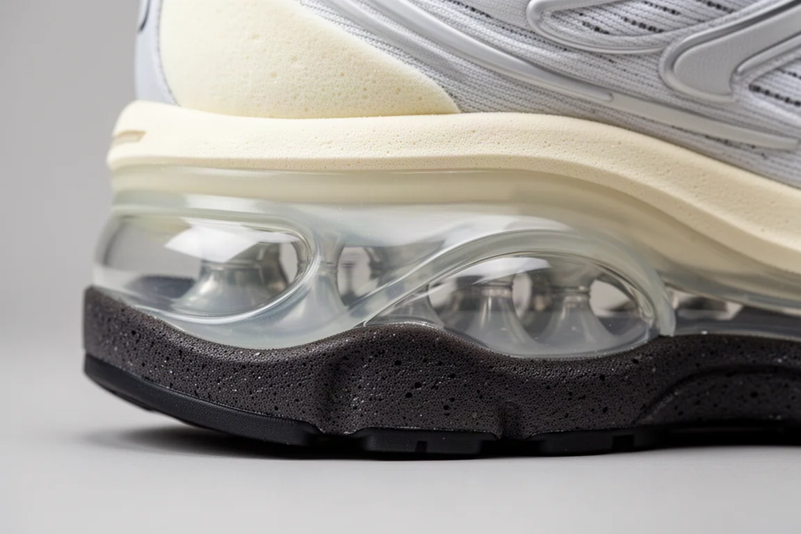 Nahaufnahme einer mehrschichtigen Laufschuh-Mittelsohle mit durchscheinender Luftkammer