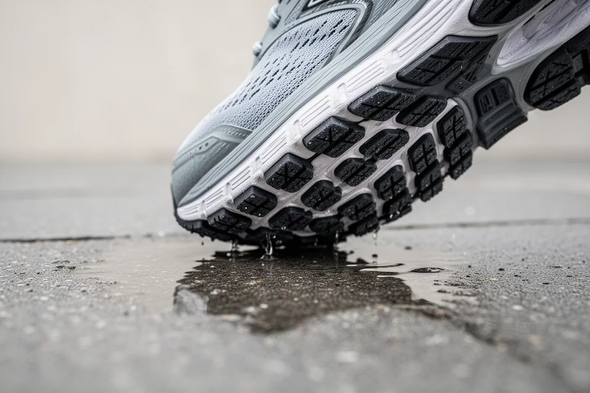 Außensohle eines Laufschuhs auf nassem Asphalt mit sichtbarem Profil