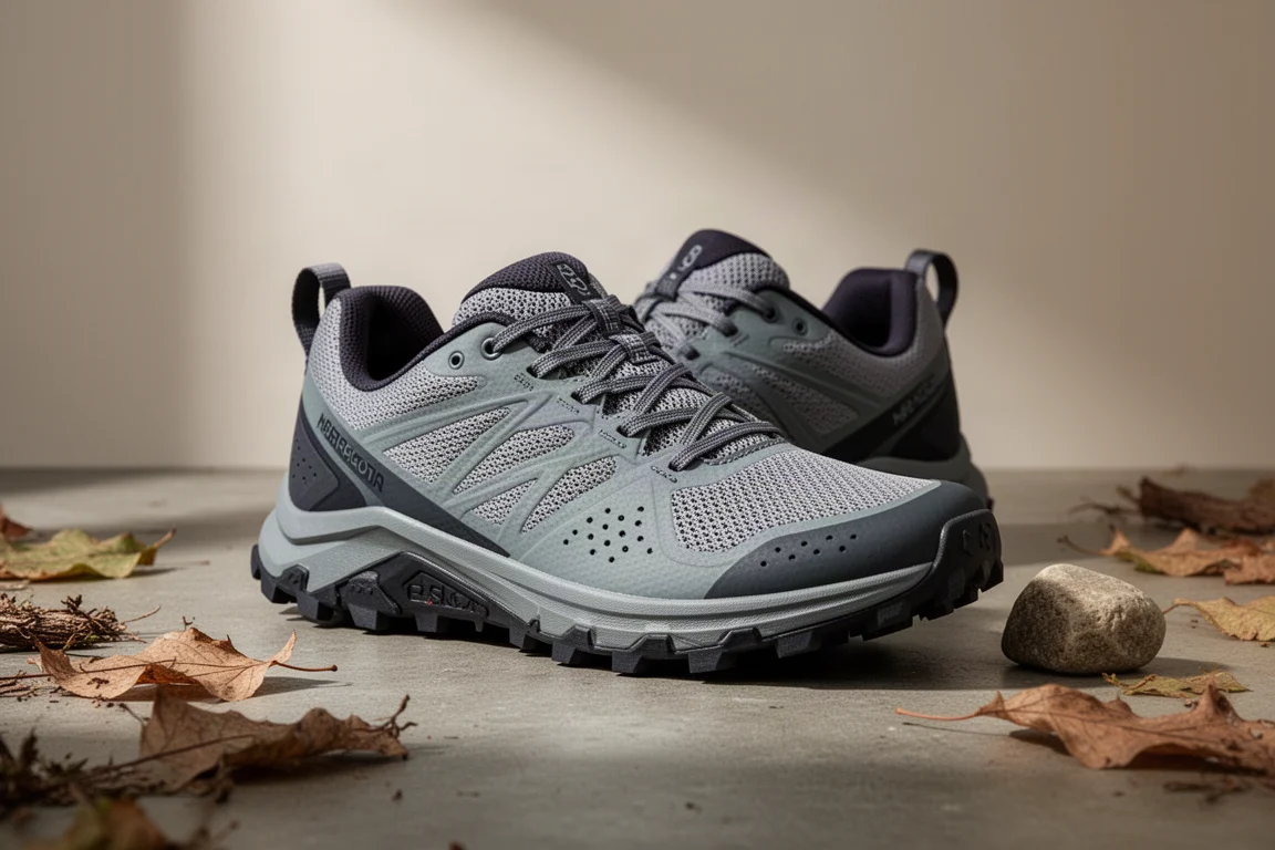 Nike Pegasus Trail 4 trail running shoe on a concrete surface with forest leaves