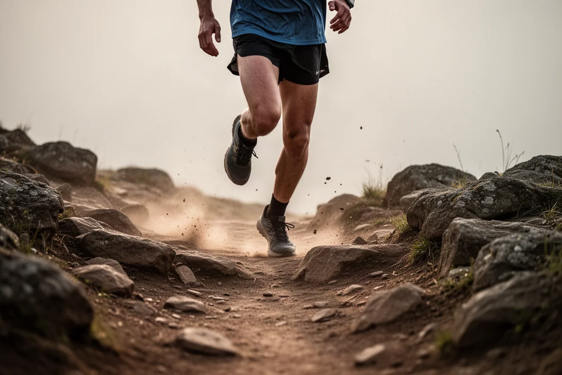Füße eines Trailrunners auf einem trockenen Waldweg im Morgenlicht