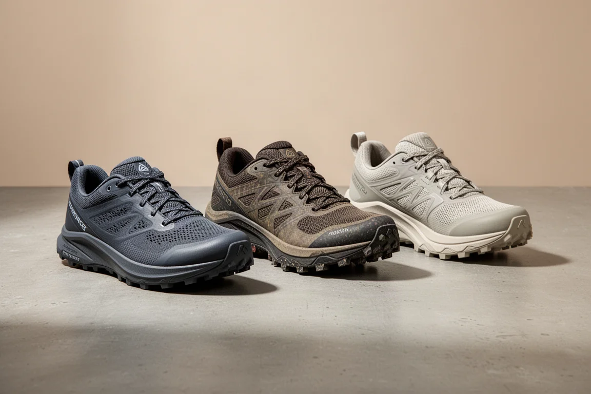 Three road-to-trail running shoes lined up on a concrete surface