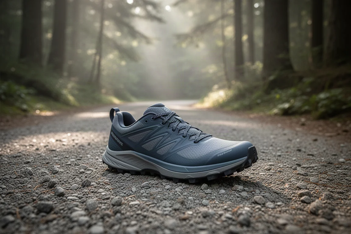 Scarpa da trail appoggiata su un sentiero ghiaioso al margine di un bosco