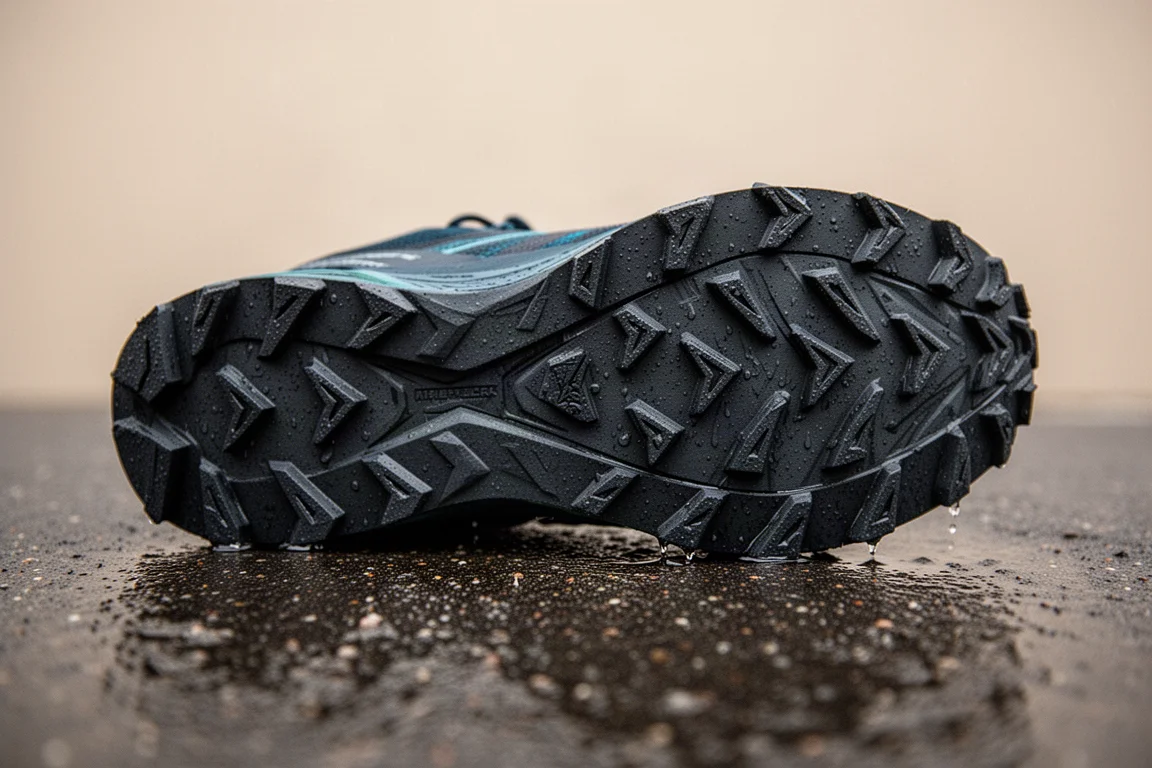 Tasselli romboidali spigolosi sulla suola esterna di una scarpa da trail che aderisce all'asfalto bagnato