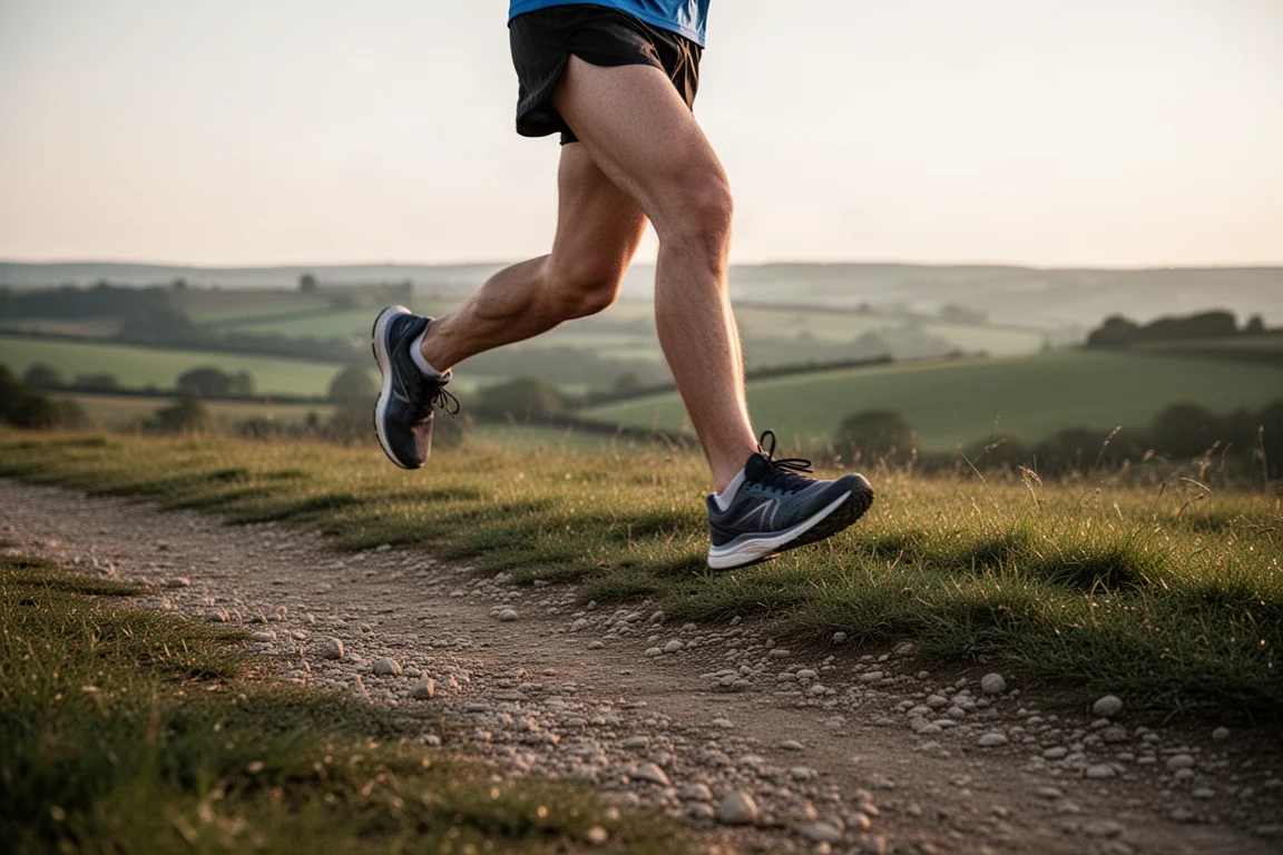 Runner che attraversa un sentiero misto di ghiaia ed erba nella luce morbida della sera