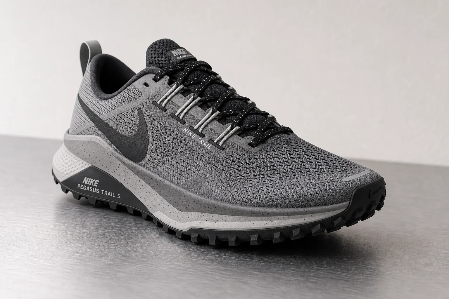 Nike Pegasus Trail 5, On Cloudsurfer Trail, and Merrell Nova 4 running shoes on concrete