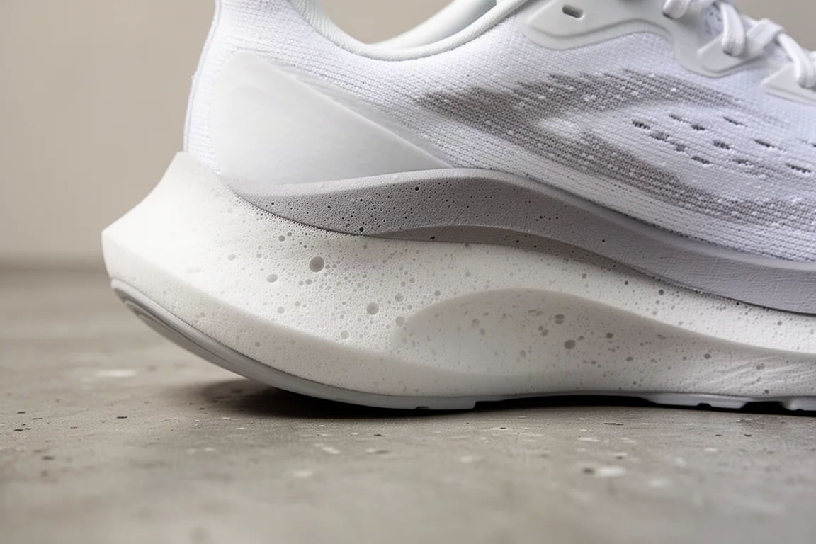 Close-up da espessa entressola de espuma ZoomX branca em um tênis de corrida
