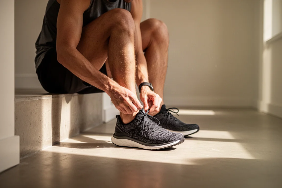 Coureur préparant des chaussures de running route pour une longue sortie d'entraînement
