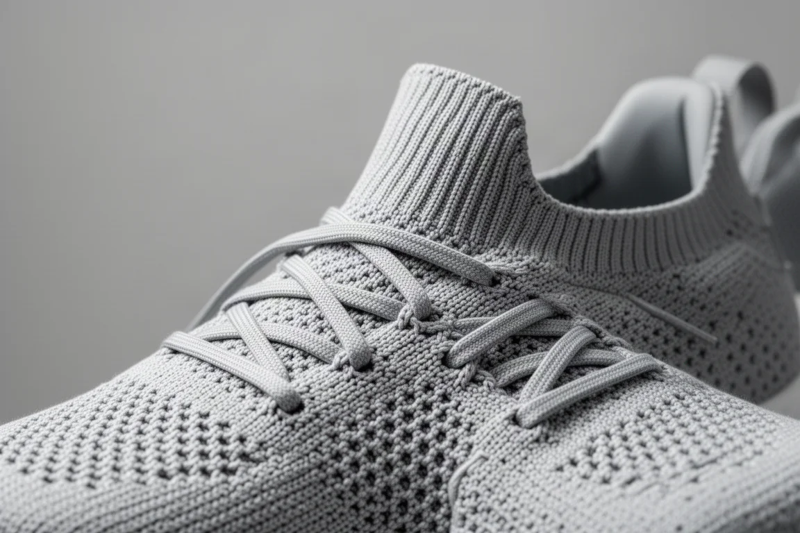 Gros plan sur la tige tricotée d'une chaussure de running et son système de laçage