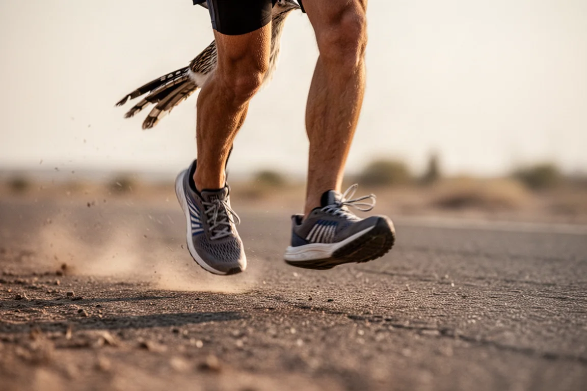 Pieds d'un coureur sur une route bitumée lors d'un effort au rythme tempo