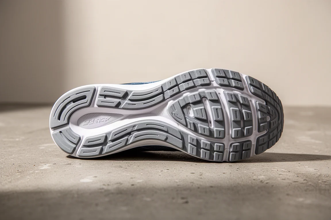 Semelle extérieure d'une chaussure de running montrant le motif de caoutchouc antidérapant
