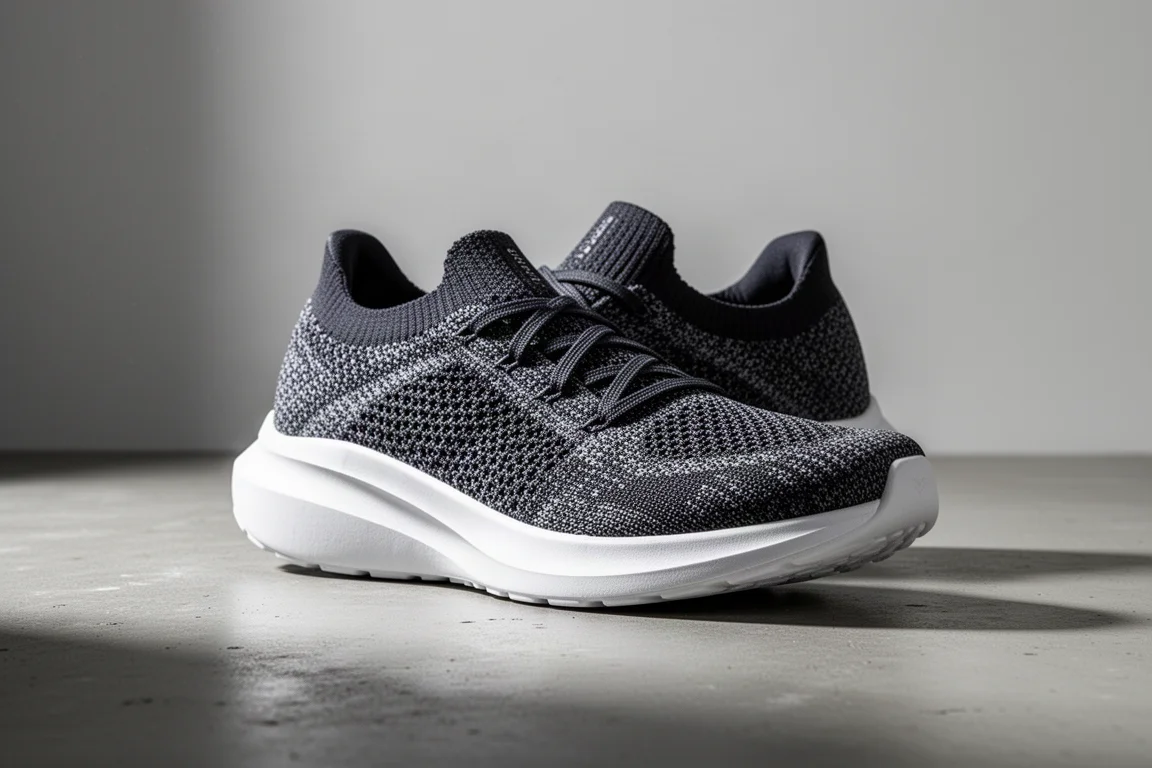 Dark knit running shoe with white foam midsole on a concrete surface
