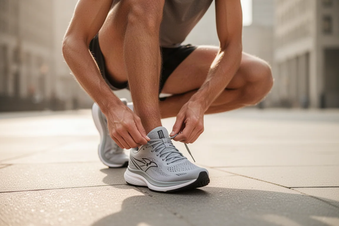 Un corridore allaccia le scarpe da running su un marciapiede soleggiato