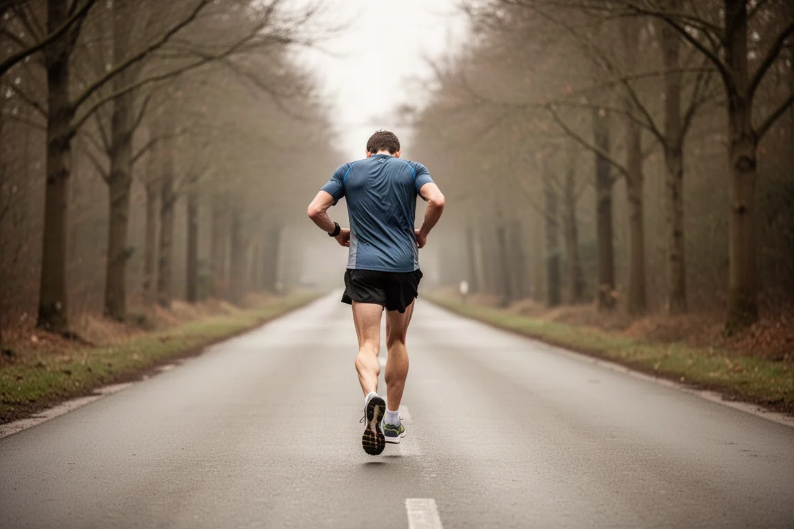 Un maratoneta con le gambe stanche durante un lungo allenamento