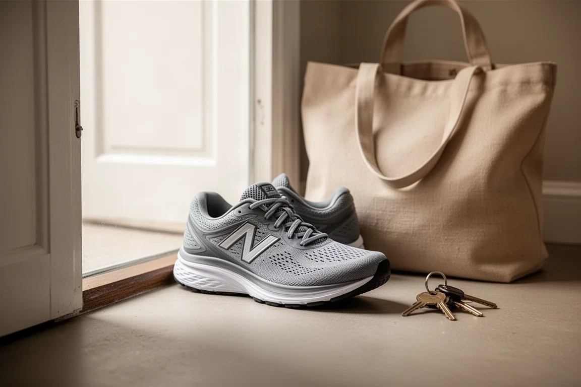 Una scarpa da allenamento quotidiano appoggiata accanto a una porta, con borsa e chiavi