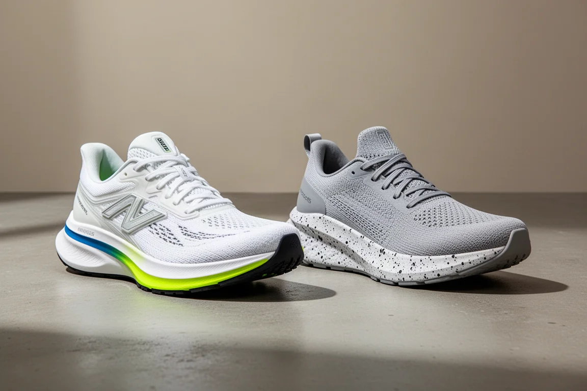 Two Nike running shoes side by side on a concrete surface