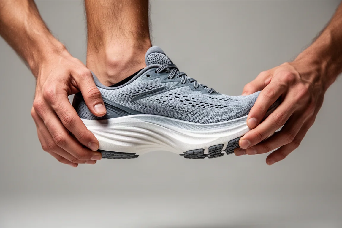 Dünne Laufschuh-Mittelsohne biegt sich nach unten, um Bodengefühl und Flexibilität zu zeigen