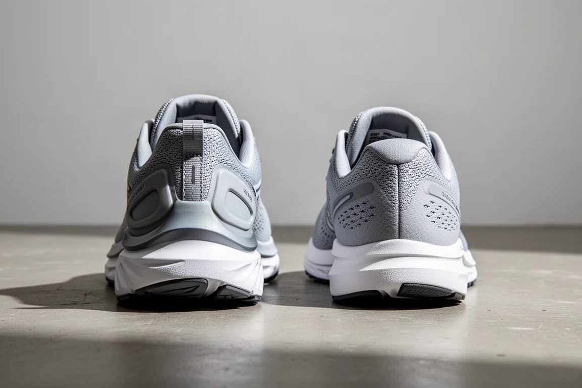 Stapelvergleich nebeneinander: moderner Laufschuh mit dicker Sohle und flacher Laufschuh von 2018