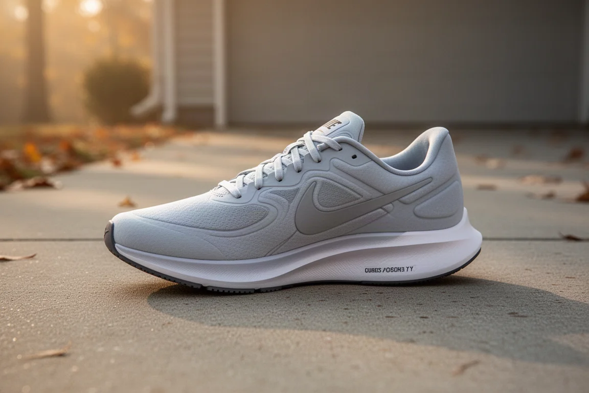 Nike Pegasus Turbo OG low-profile running shoe on concrete in autumn morning light