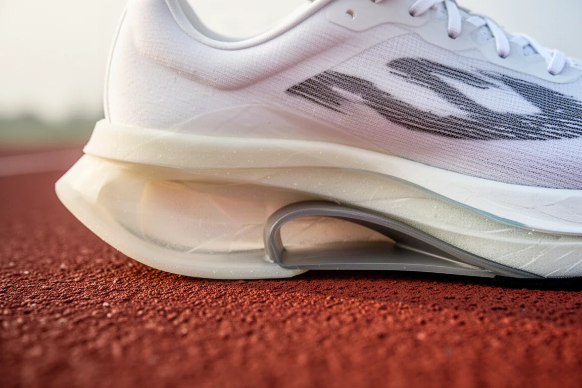 Close-up da entressola de um tênis de corrida com placa de carbono em uma pista de atletismo