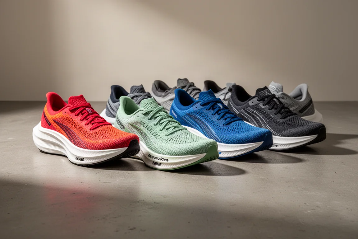 Five carbon plate racing shoes lined up on a concrete surface