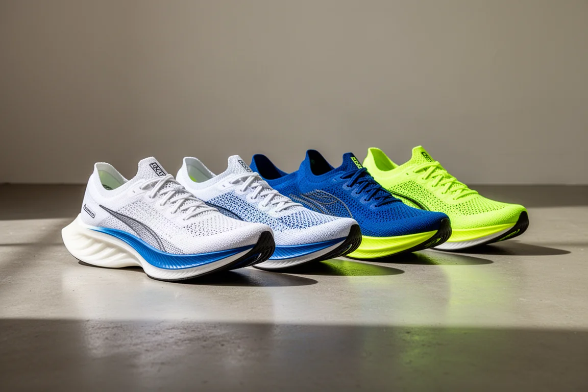 Five pairs of carbon-plated Nike-style racing shoes lined up on a concrete floor