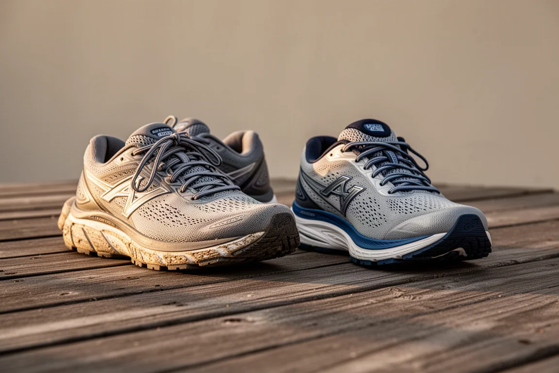 Paar hardloopschoenen naast elkaar op een houten vlonder