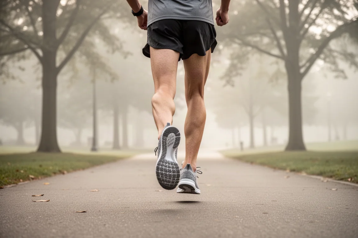 Runner easing into a slow recovery run on a quiet paved path in soft morning light