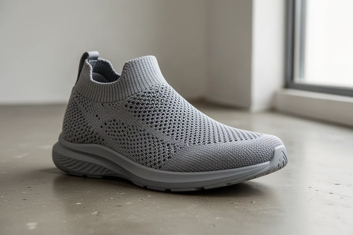 Close-up of a knit running shoe upper showing its snug, sock-like texture