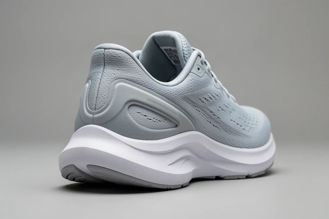 Rear view of a running shoe heel showing the supportive heel clip design