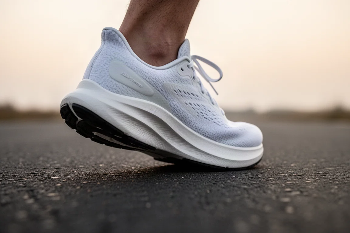 Cushioned running shoe midsole compressing on tarmac during an easy jog