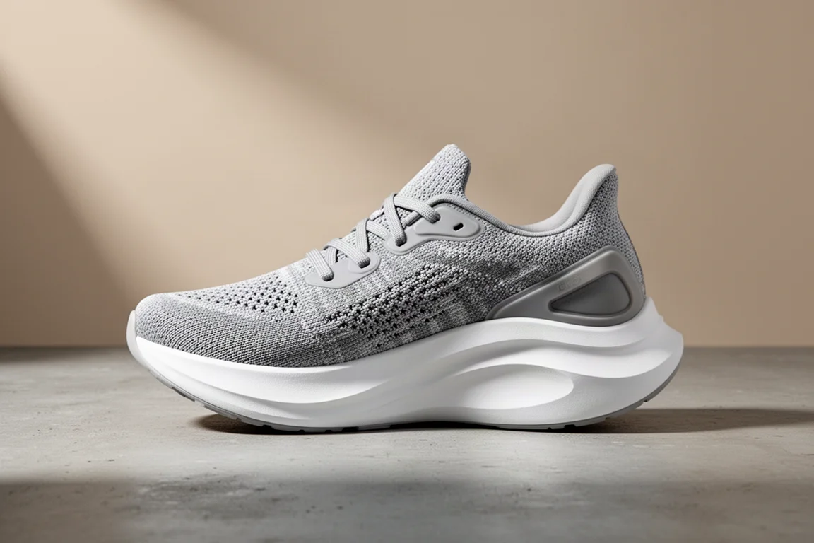 Nike React Infinity Flyknit 3 running shoe with rocker midsole on concrete