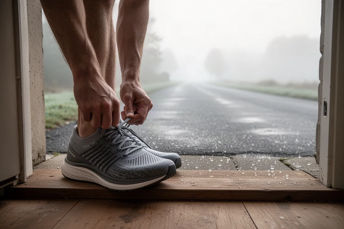 Runner lacing up a pair of knit running shoes on a doorstep before an easy morning run