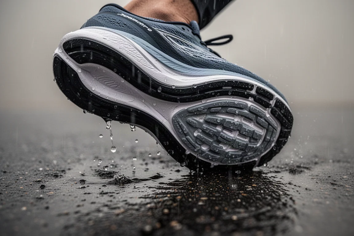 Road running shoe gripping wet asphalt on a rainy day