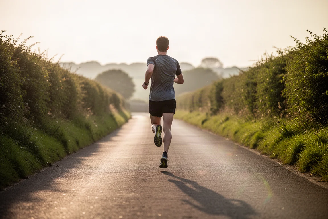 Läufer absolviert einen lockeren Lauf auf einer sonnigen Landstraße