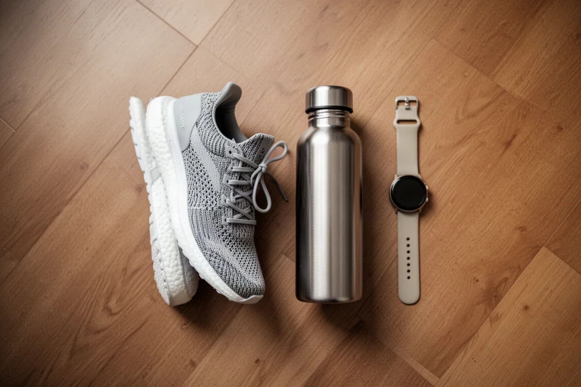 Laufschuh im Flachaufbau neben Wasserflasche und Sportuhr auf Holzfußboden