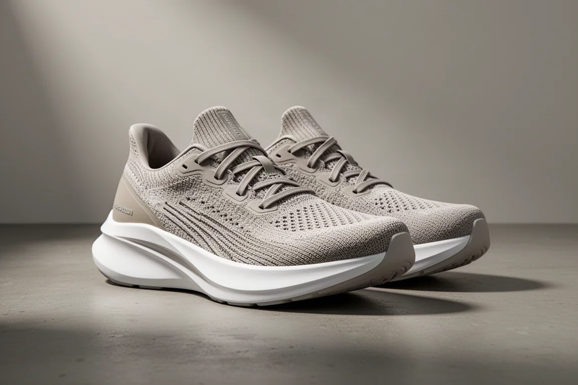 Pair of knit running shoes with white foam midsoles on matte concrete surface