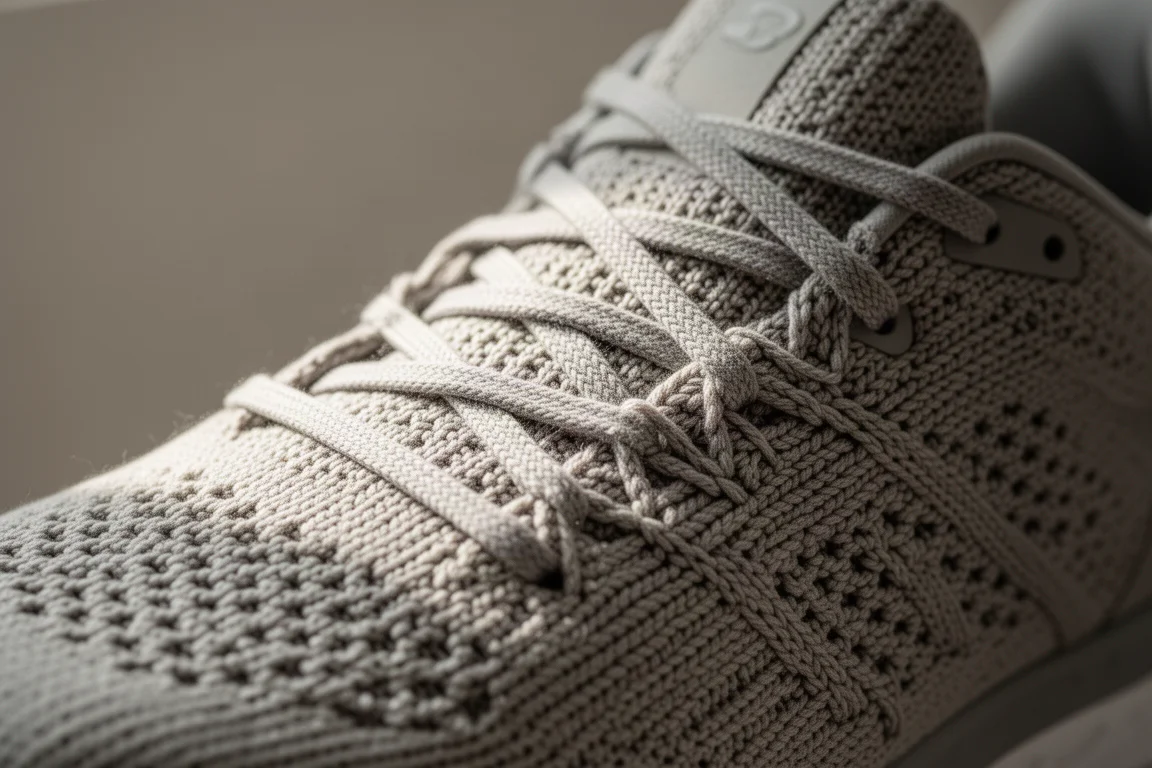 Close-up of a thick knit running shoe upper showing dense woven texture