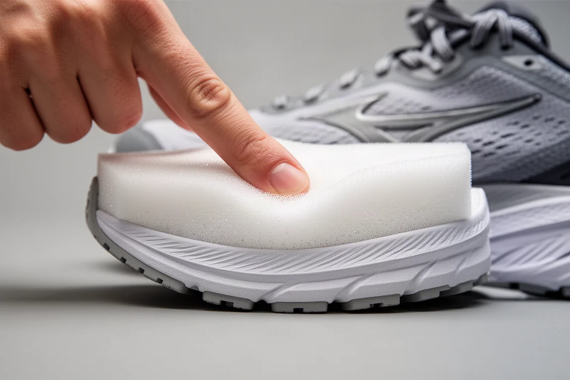 Running shoe midsole foam pressed by a thumb to show softness