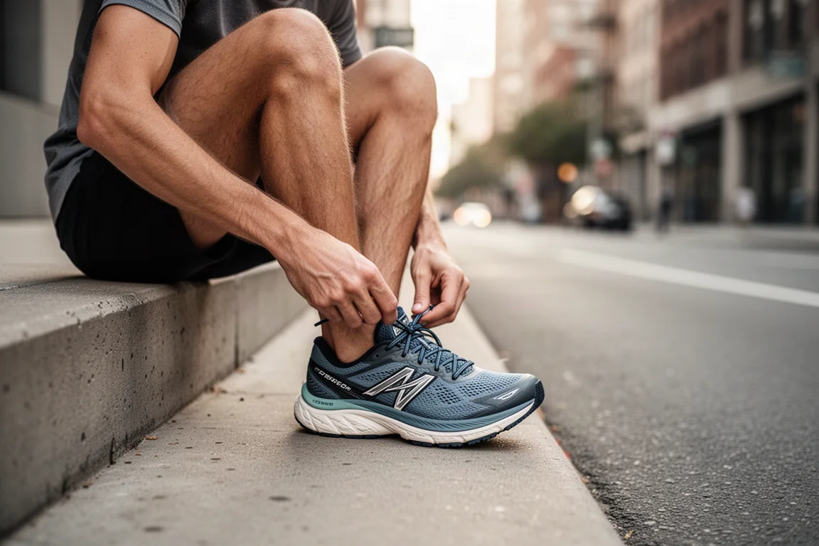 Runner lacing up a road running shoe on a city sidewalk